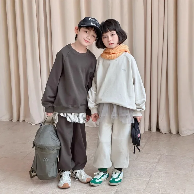 

Childrens Set 2025 Autumn New Korean Version Solid Color Hoodie Fashion Sports Letter Embroidery Two-piece Set