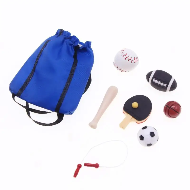 Juego de pelota en miniatura para casa de muñecas, equipo deportivo, Mini simulación de baloncesto, fútbol, Rugby, cuerda para saltar, escena deportiva, juguete de decoración, 1 Juego