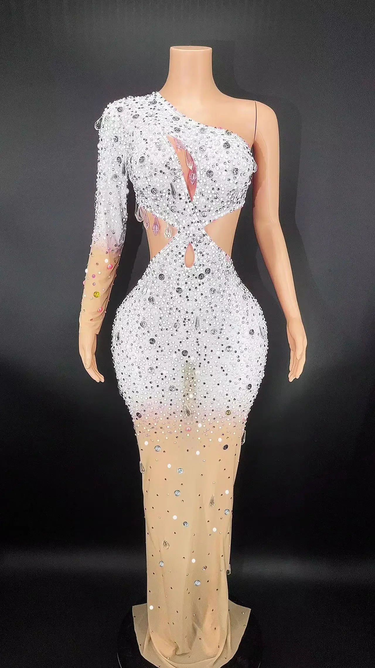 

One Sleeve Transparent Dress for Birthday Evening Show Long Dress Prom Dancer Sexy See Through Crystals Costume