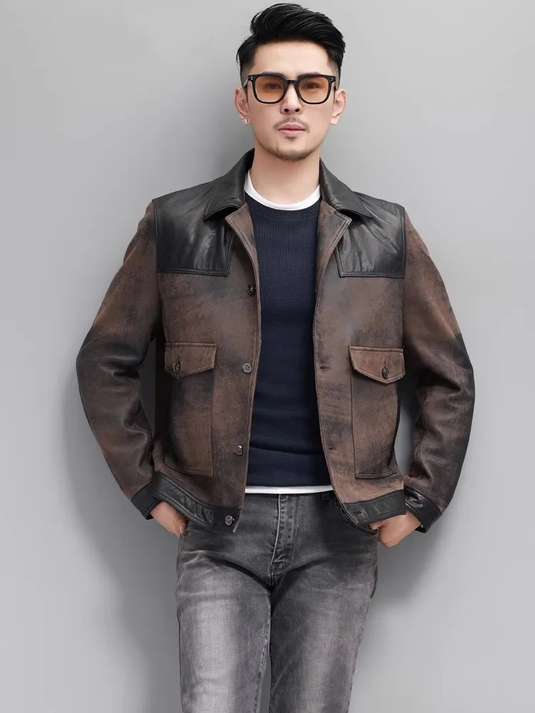 Vintage Colors Panelled Sheepskin Genuine Leather Jacket Men Business Casual Work Single Breasted Slim Fit Coat Outerwear 5XL