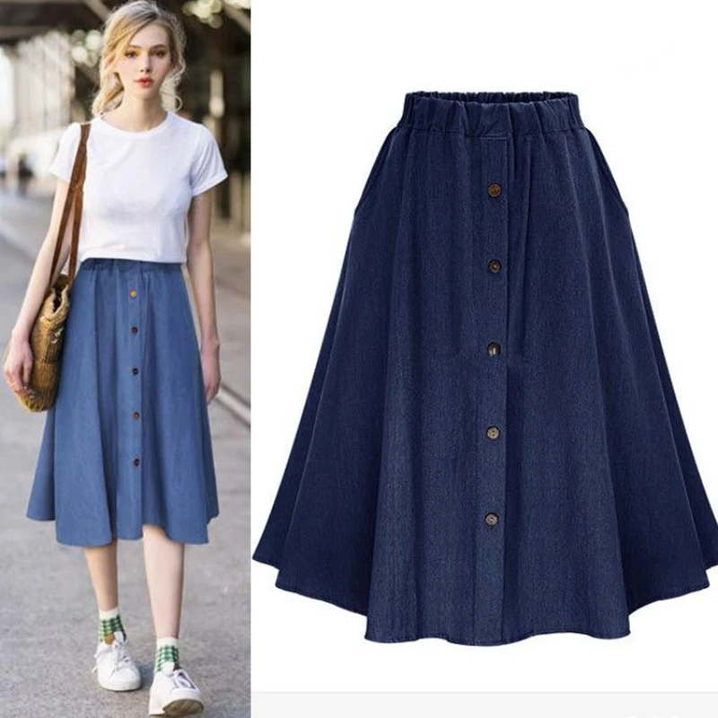 Blue Knee-Length Skirt Feminine Preppy Style Cotton Denim Skirt Women A-Line Skirts Elastic Waist Loose Casual Midiskirt Fashion