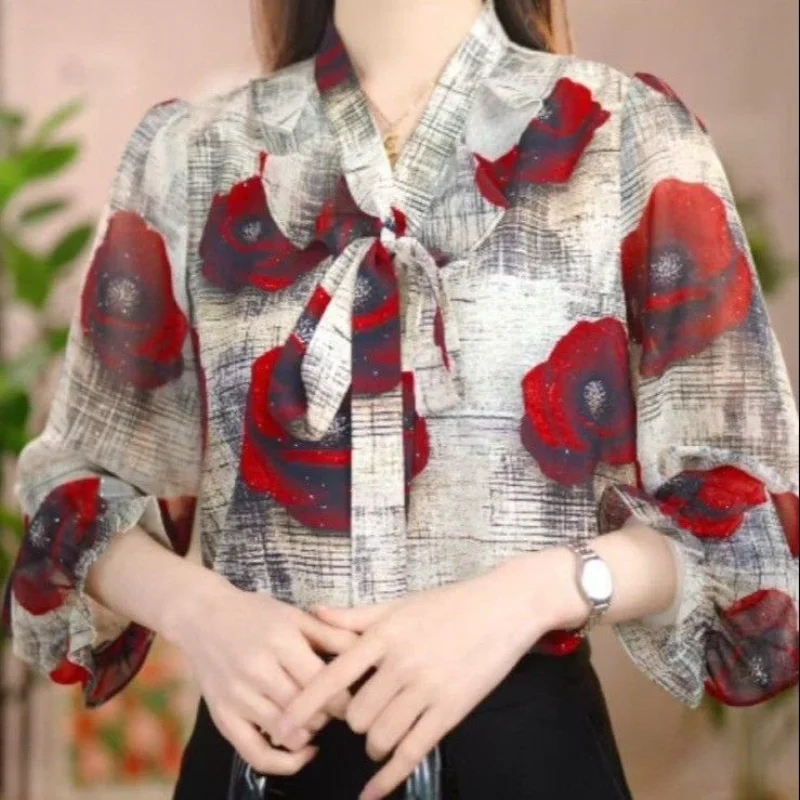 

Rose Printed Streamer Sunscreen Shirt for Women 2025 Autumn New Style Vintage Long Sleeve Top
