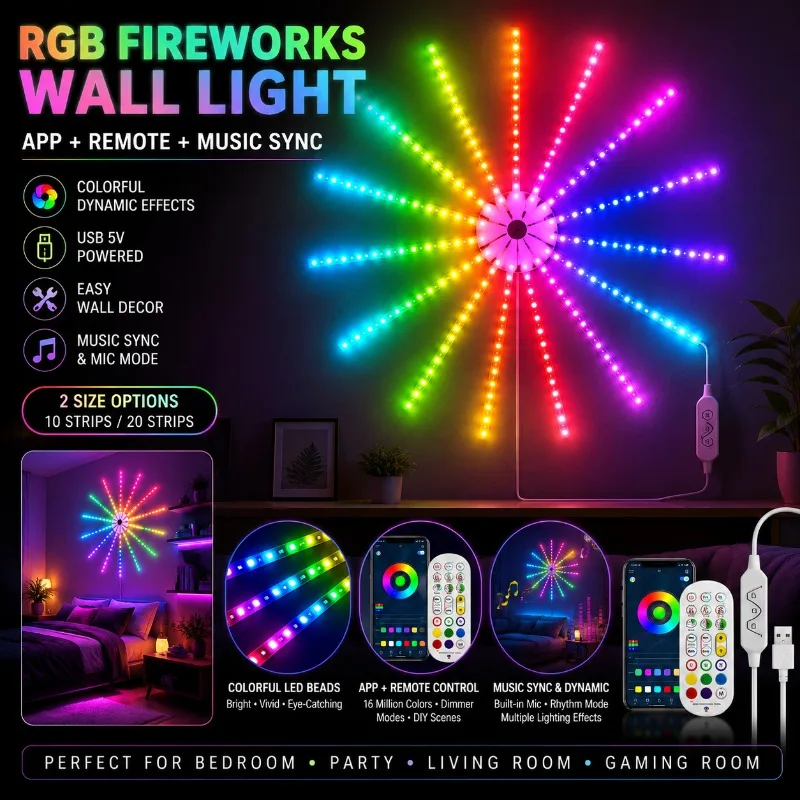 LED Firework Light 5V USB App Music Sync RGB Colorful Meteor Strip Starburst Wall Decor for Bedroom Party Gaming Firework Light
