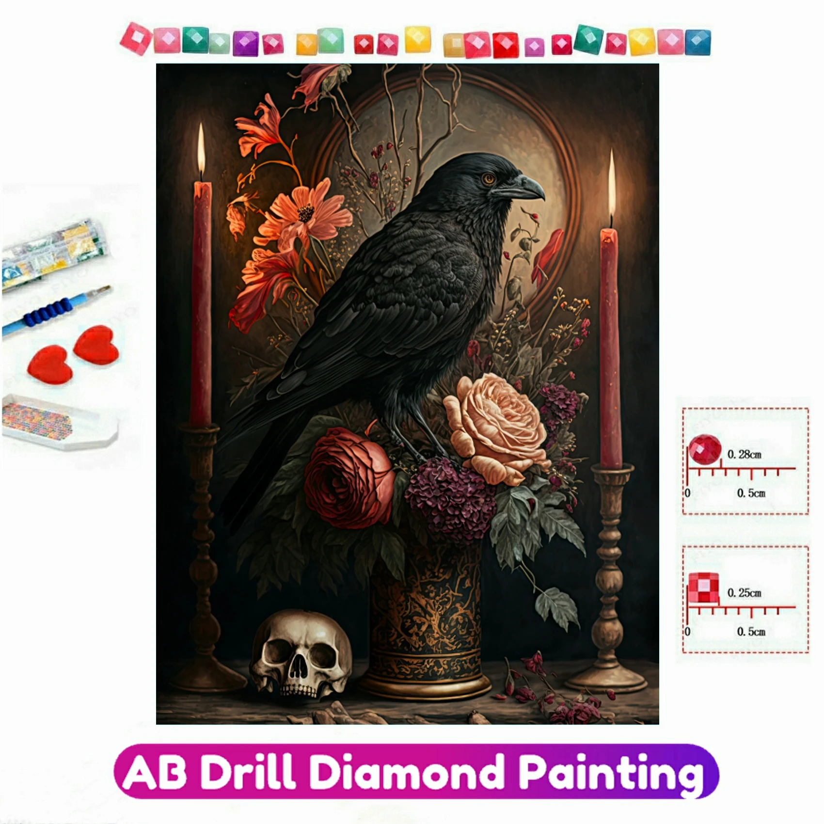 

Gothic Crow Raven Skull Flowers 5D AB Drills Diamond Painting Handmade Mosaic Embroidery 5D DIY Cross Stitch Kit Home Decor