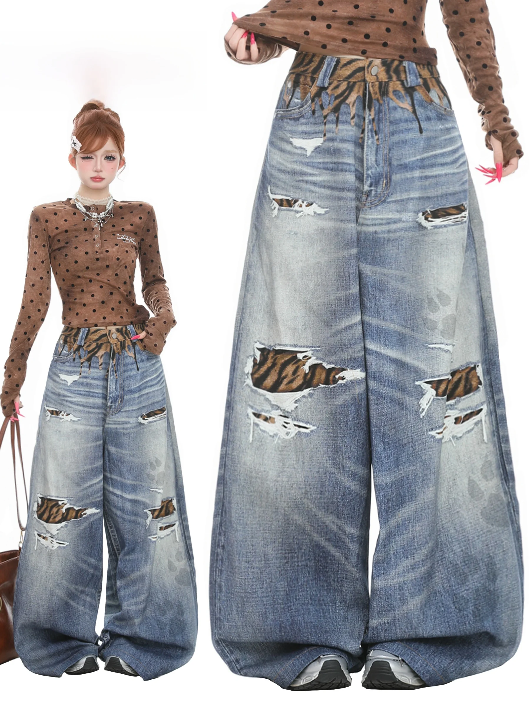 

Basterds High Waist Wide Leg Denim Jeans Women's Spring Season Tiger Print Design Sense Bent Knife Long Pants Casual Sle
