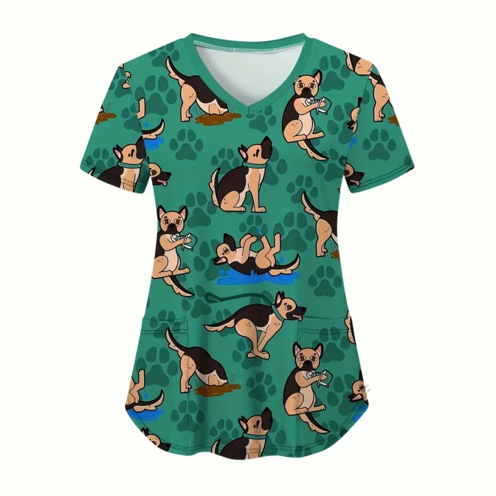 Scrub Medische Vrouw Schattig Dieren Cartoon Patroon Micro-elastisch V-hals Dierenarts Spa Verpleging Korte mouwen Tops Medische uniformen voor dames