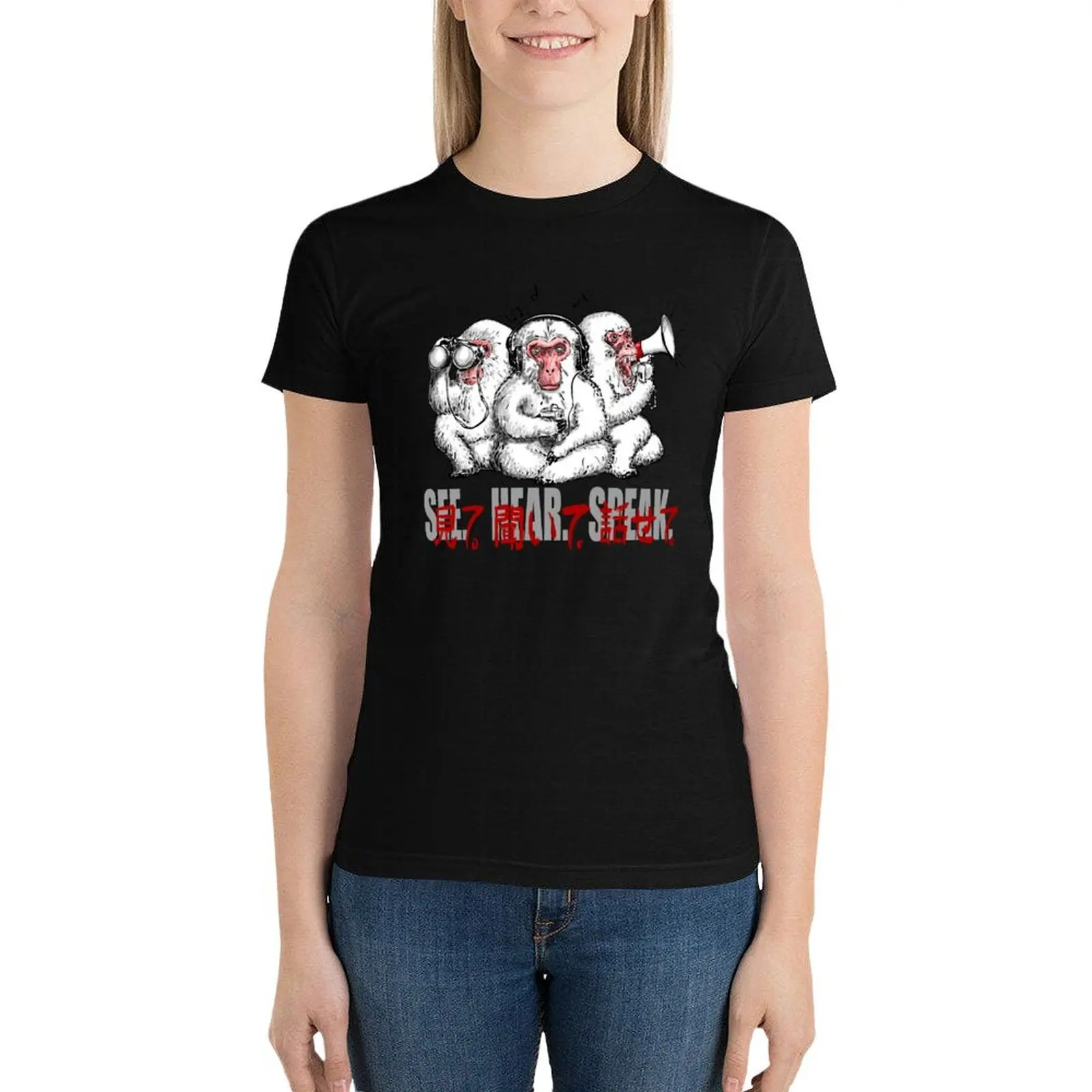 

3 Monkeys: SEE. HEAR. SPEAK. (Kanji) T-Shirt shirts graphic tees tops Womens graphic t shirts