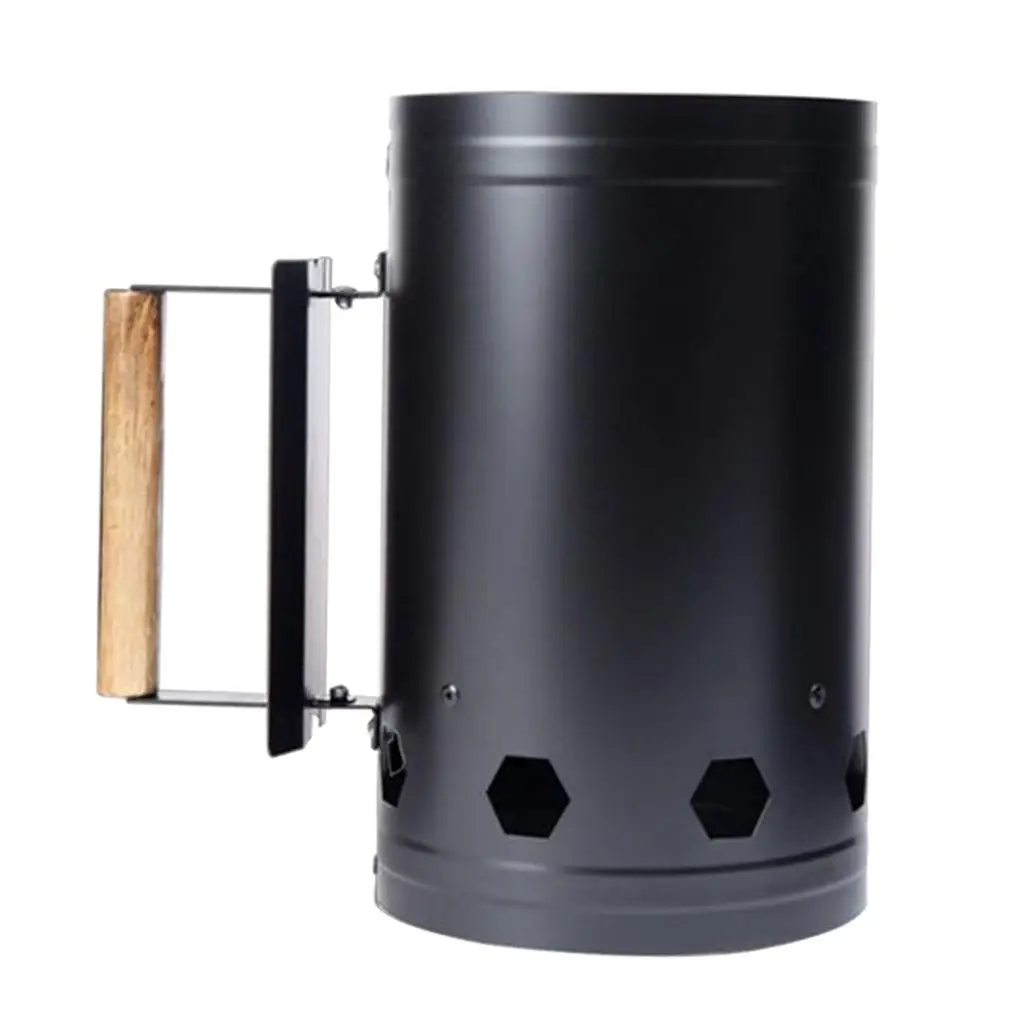 BBQ Grill Charcoal Lighting Chimney Starter Heat Shield with Wooden Handle Barbecue Kit for Camping Outdoor Use