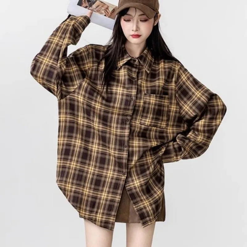 2024 Autumn Y2K Streetwear Two Pieces Set Korean Casual Vintage Plaid Oversized Shirts+irregular Sling Dresses Sets For Women