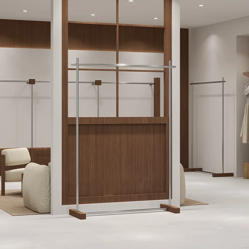 

Display rack, wall display rack, walnut wood grain shelf, floor-to-ceiling island rack, stainless steel hanger hanger