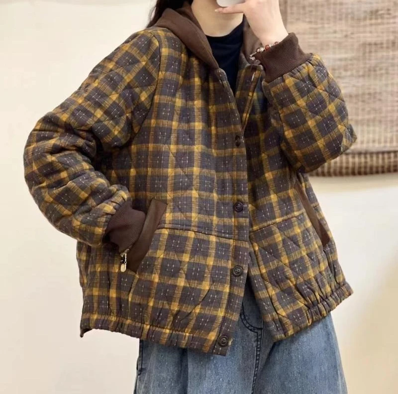 2025 Retro Checkered Hooded Cotton Jacket for Women's Winter Look Thin  Lightweight  and Warm Cotton Jacket