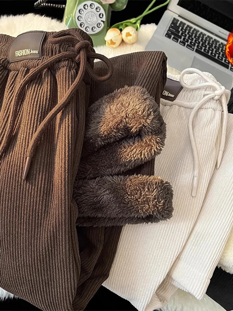 

Thiened Fce Lined Lamb Fur Pants for Men Winter Cold Resistant Warm Straight Leg Casual Trousers Youth Faion Brand