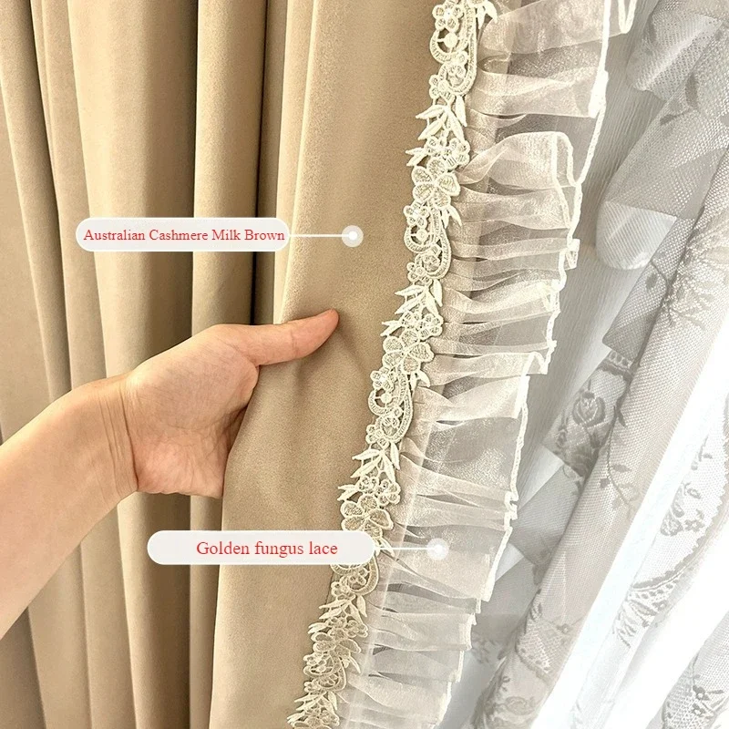 

French Australian Cashmere Retro Milk Coffee Fairy Ruffle High-end Window Curtains for Living Dining Room Bedroom Villa Hotel