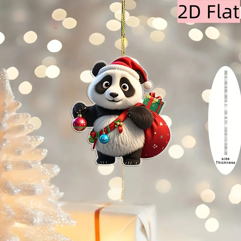 2D عيد الميلاد الباندا سيارة قلادة مع قبعة سانتا شقي شنقا زخرفة الاكريليك زينة احتفالية ملحق عطلة هدية المحفظة #2
