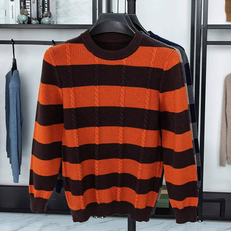 Men's Luxury Knitted Sweater Round Neck Long Sleeve Striped Pullover Autumn Winter Fashion Casual Classic Versatile Warm Men's
