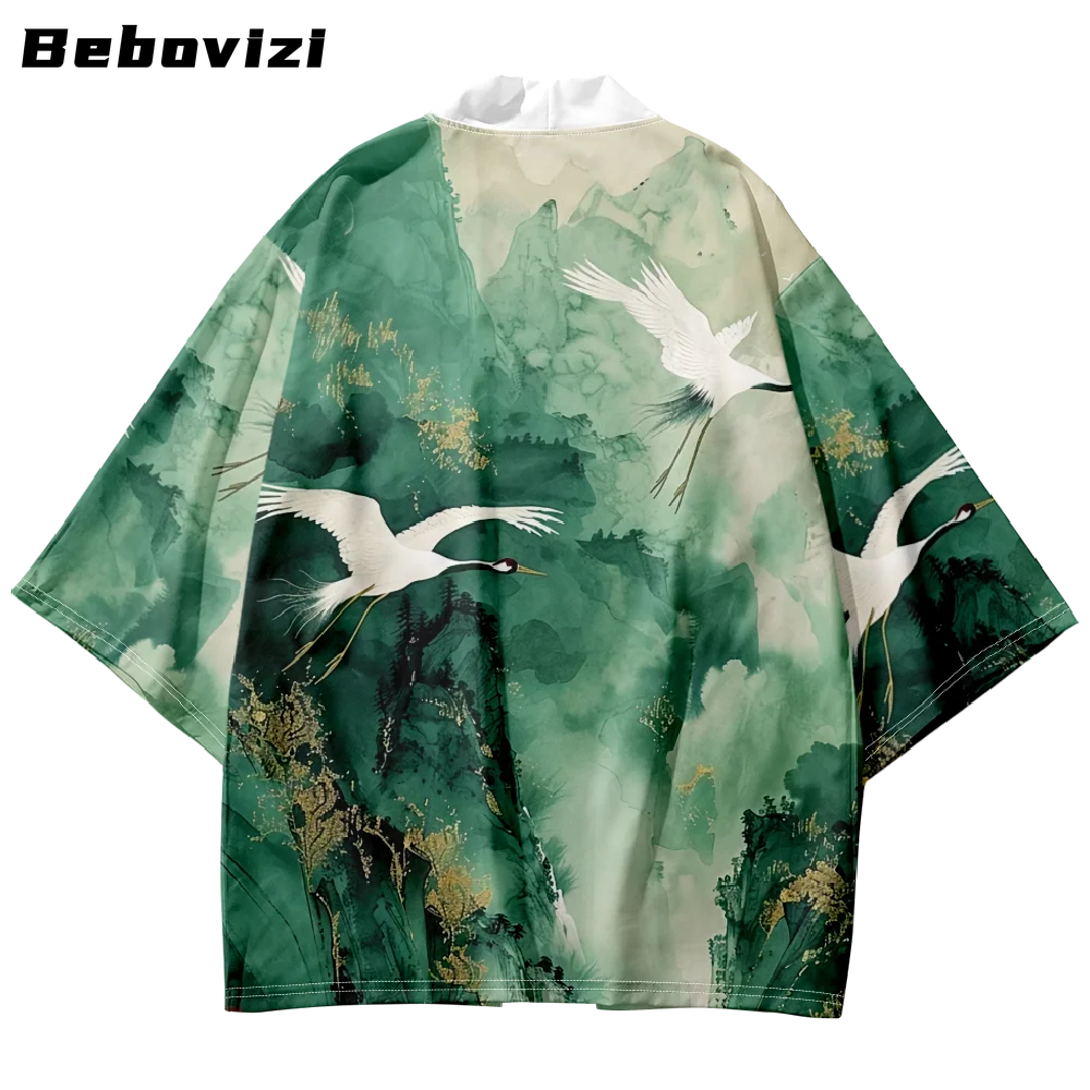 

Crane Print Green Kimono Men's Haori Oversized Cardigan Robe for Cosplay Streetwear Tops Plus Size