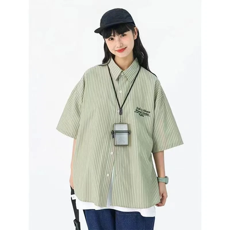 DAYIFUN Office Ladies' Japanese Striped Shirt Summer Casual Vintage Letter Embroidery Short Sleeve Shirt Design Loose Lapel Tops