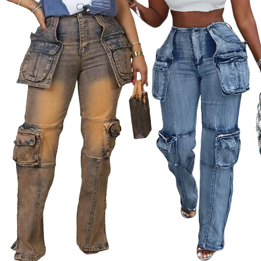 

Vintage Washed Jeans Women Ankle Length Spliced Cargo Pants Denim Pockets High Waist Streetwear Loose Fit 2025