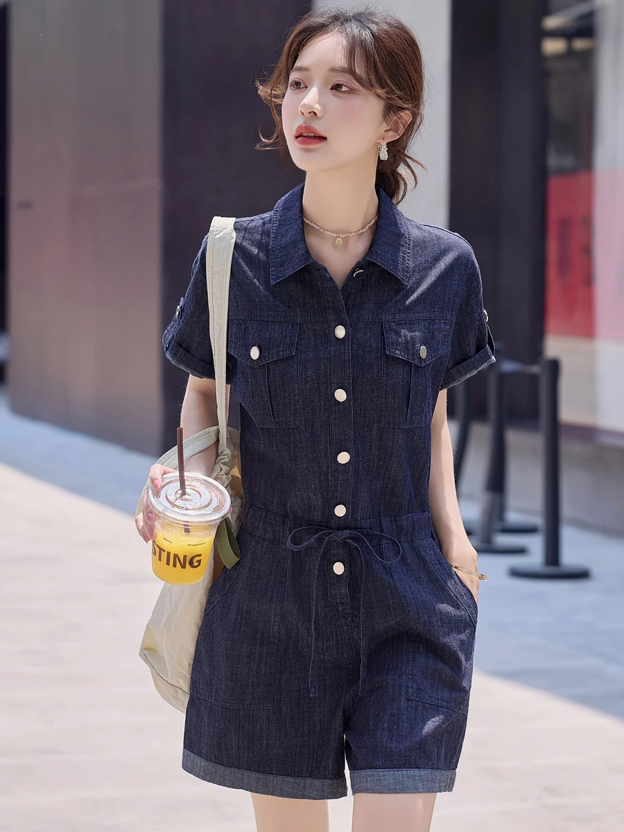 

Женский летний тонкий джинсовый комбинезон, комплект с высокой талией, широкие брюки, повседневный износостойкий глубокий цвет, модный комбинезон