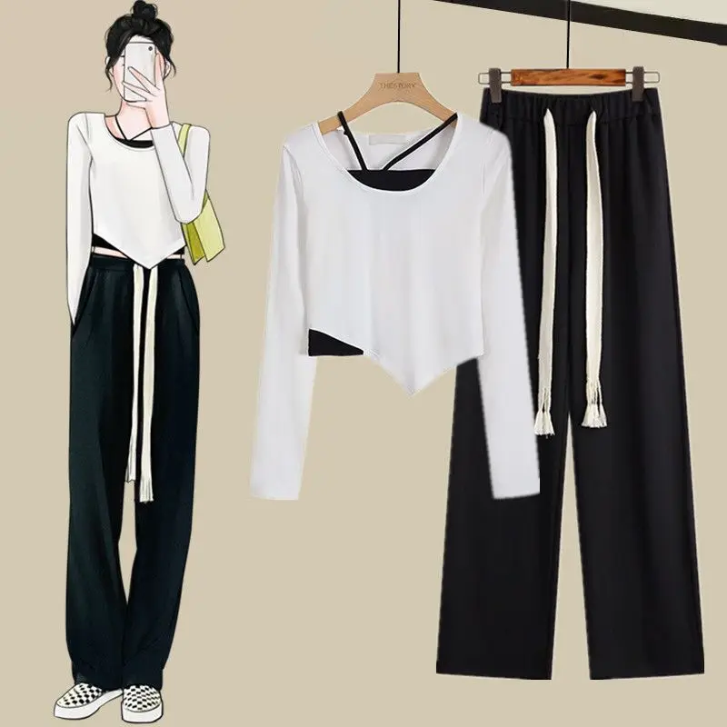 Women's Set 2024 New Early Autumn Irregular Long sleeved Slim Fit Top+Fashionable Loose Wide Leg Pants