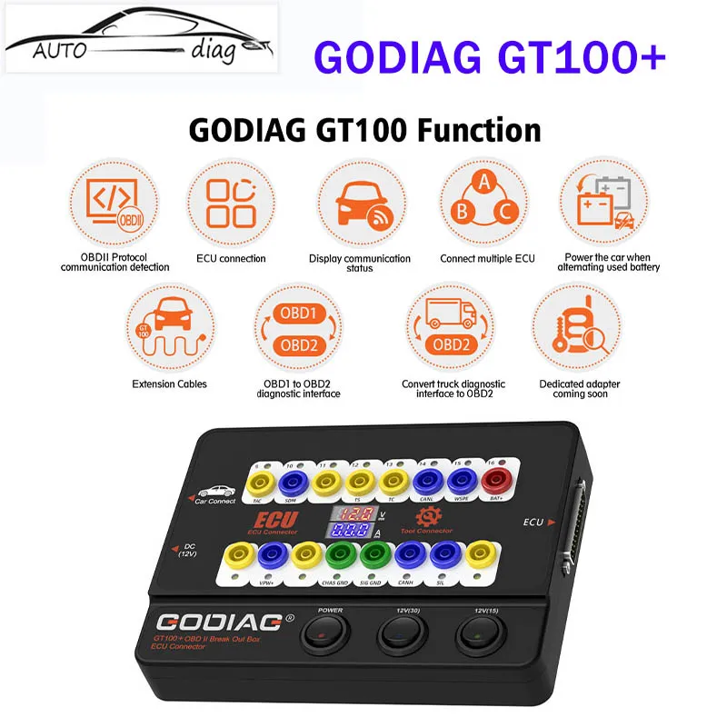 

Godiag GT100+ GT100 Pro OBDII Breakout Box ECU Bench Connector Adds Electronic Current Display and CANBUS Protocol