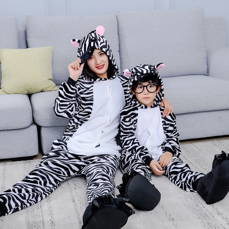 Adult Cosplay Cartoon Animal Zebra Onesies Kigurumi Flannel Loose Jumpsuit Terylene Loungewear Long-sleeved Sleepwear Couple