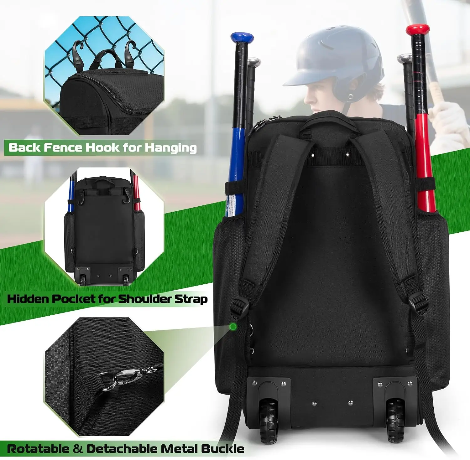 Rolling Baseball Backpack With Wheels Heavy Duty Softball Gear Equipment Bag Holds Four Bats With Shoe Compartment Fence Hook And Detachable Straps Portable Sports Backpack Black view 4