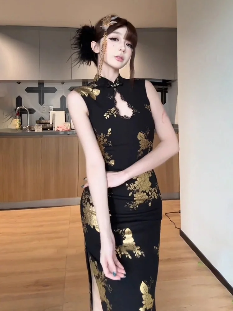 

Sexy Backless Long Qipao Dress in Black with Gold Embossing for Women Spring Summer Trendy High Waist Slim Fit Bodycon Gown