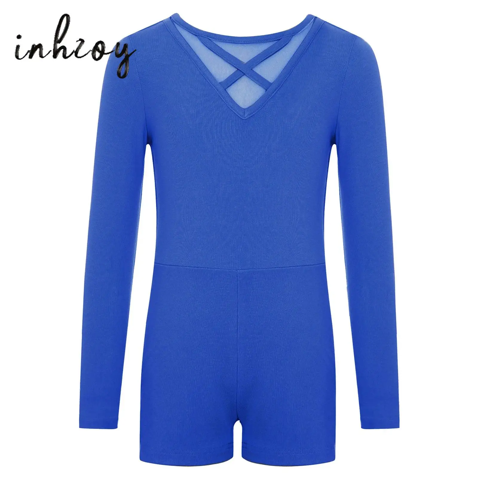 

Kids Girls Gymnastics Unitards Ballet Dance Practice Rompers Long Sleeves Sheer Mesh Cross Front Back Jumpsuit Sports Activewear