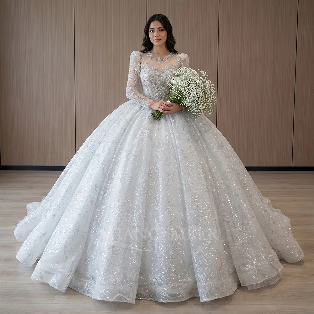 

Customized Exquisite Lace Wedding Dress Luxury Shining Bridal Gown Court Train Sheer O-neck Ball Gowns Dresses robe de mariée