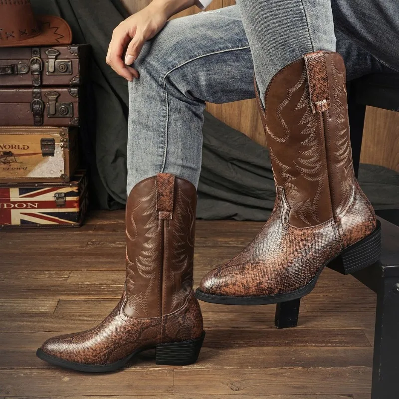 Men's Boots Retro Embroidered Western Cowboy Boots Fashion Pointed Mid-calf Leather Boots Men's Motorcycle Boot Botas Masculino