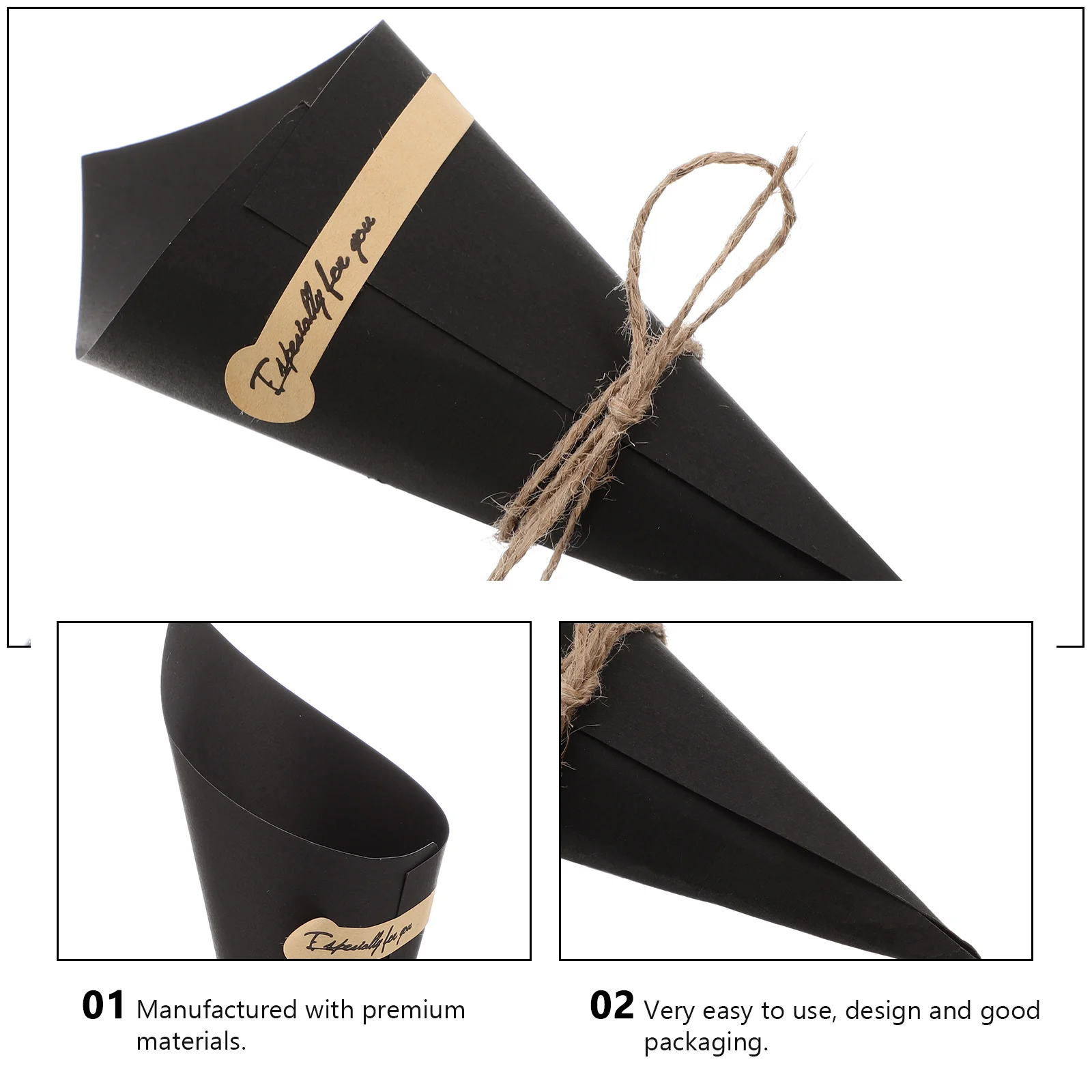 

50pcs Paper Flower Cones Black Kraft Food Cake Tubes Durable Party Supplies Hemp Rope Sticker Flags Banners Confetti