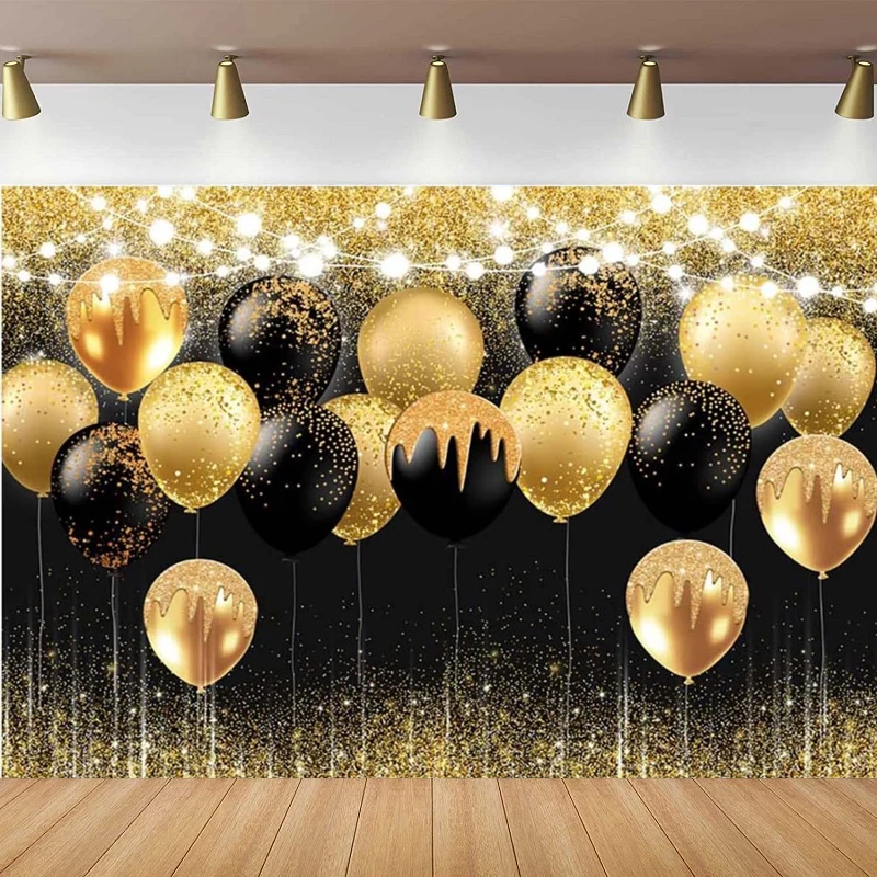 Glitter Golden And Black Photography Backdrop For Men Women Birthday Wedding Bride To Be Party Decorations BalloonsBackground