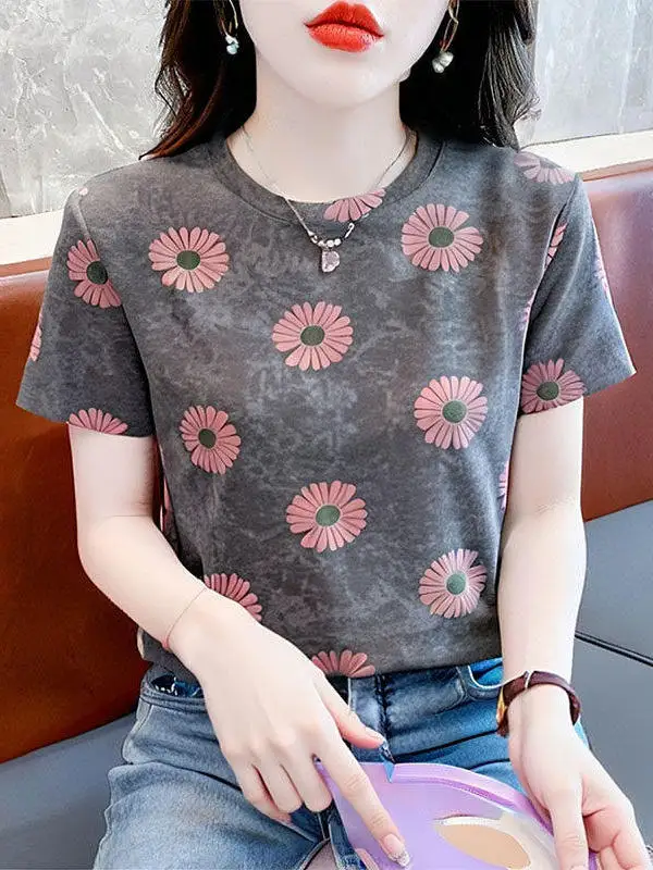 

Loose Short Sleeve Women's T-shirt Mom Casual Style Summer New Fashion Print Design Comfortable Shoulder Fit round Neck Top