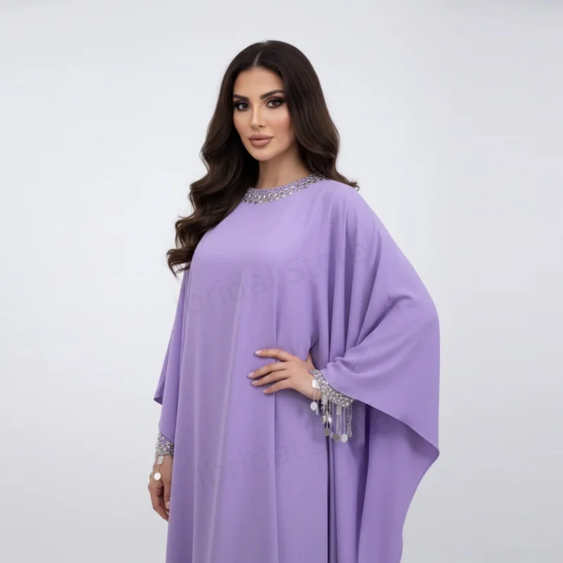 Maßgeschneidertes muslimisches langes Abendkleid mit O-Ausschnitt, Abaya-Kleider, Perlen-Abendkleid im Nahen Osten-Stil