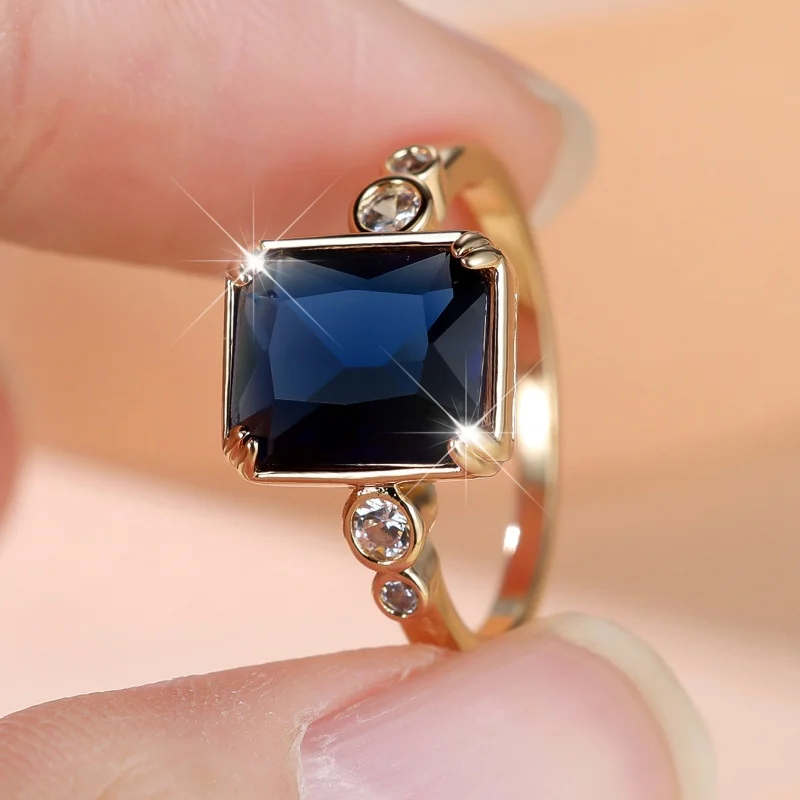 2026 New Golden Rectangular Deep Blue Zircon Ring with Simple and Luxurious Accessories on Both Sides for Women's Daily Wear
