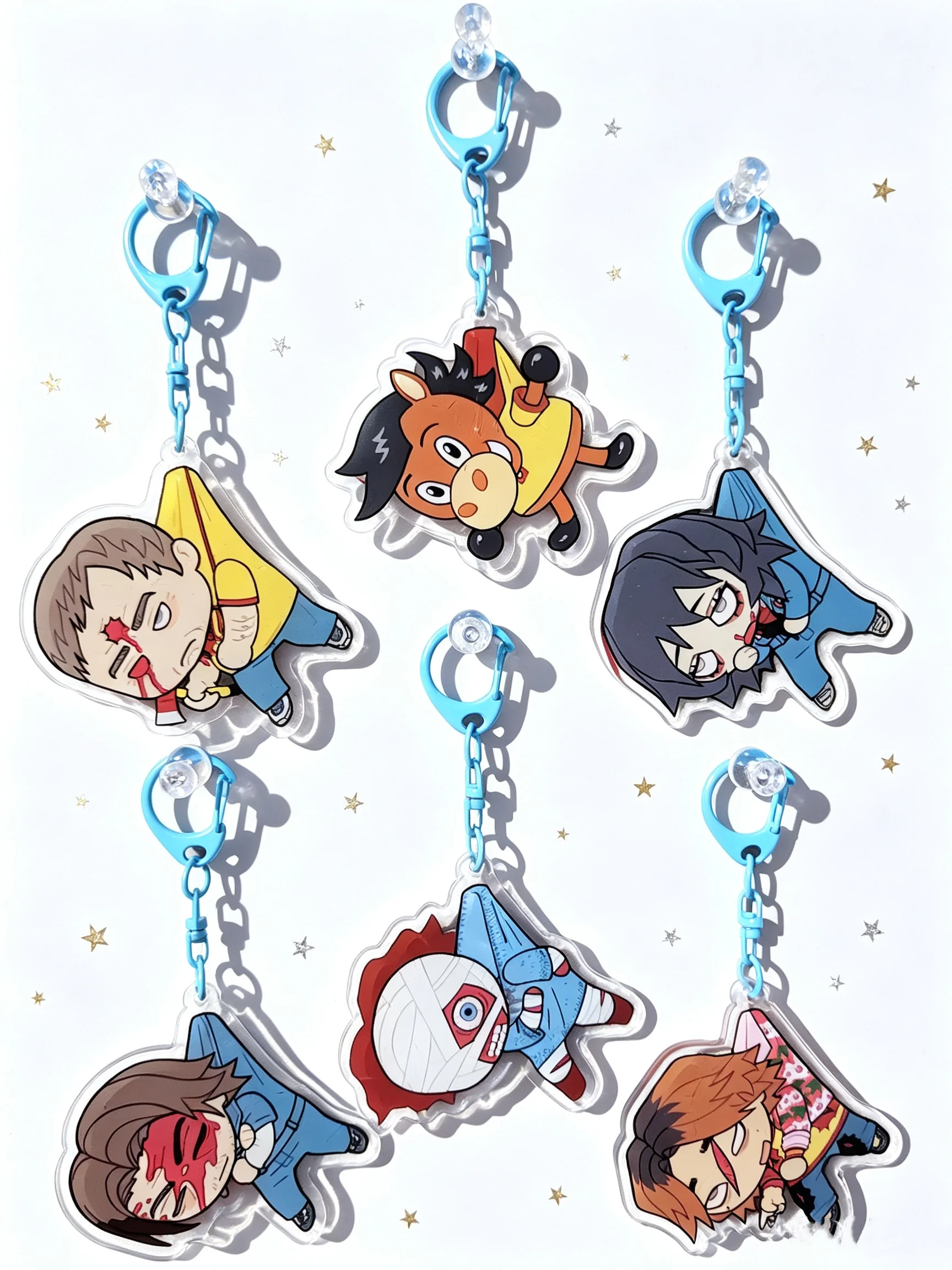 Horror Game Q Version Character Acrylic Keychain, Cute Cartoon Figure Blue Buckle Backpack Pendant Collection Gift Mouthwashing