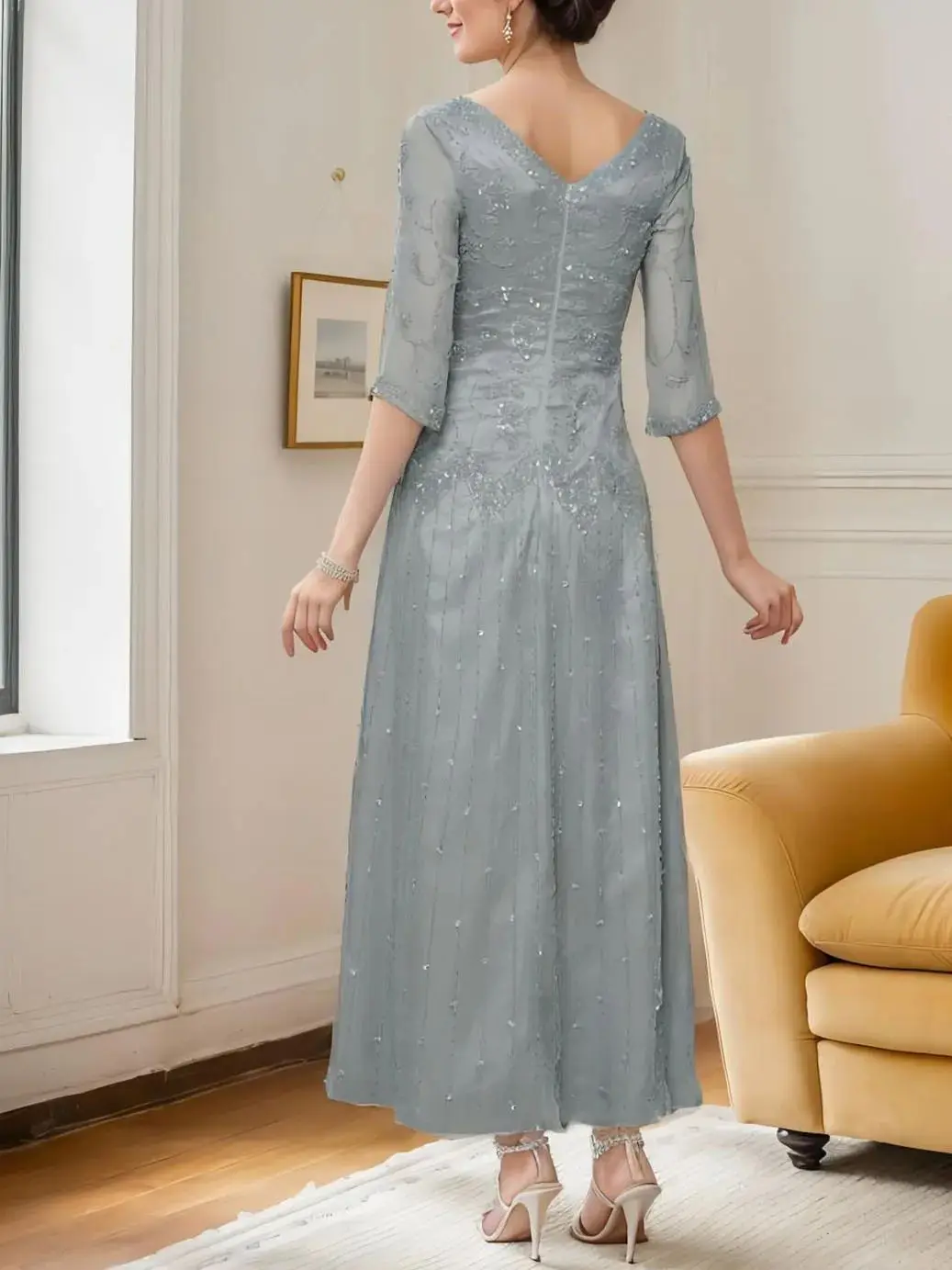 أزياء أنيقة غمد فستان سهرة مطرز بالخرز شيفون على شكل حرف v 1/2 كم طول الكاحل فستان الزفاف الضيوف 2025 مخصص مجاني