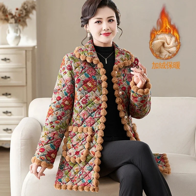 

Middle-aged Elderly Women Cotton Coat Jacket 2025 Thicken Winter Coat Parka Mid-length Large Size Warm Fashion Print Coats