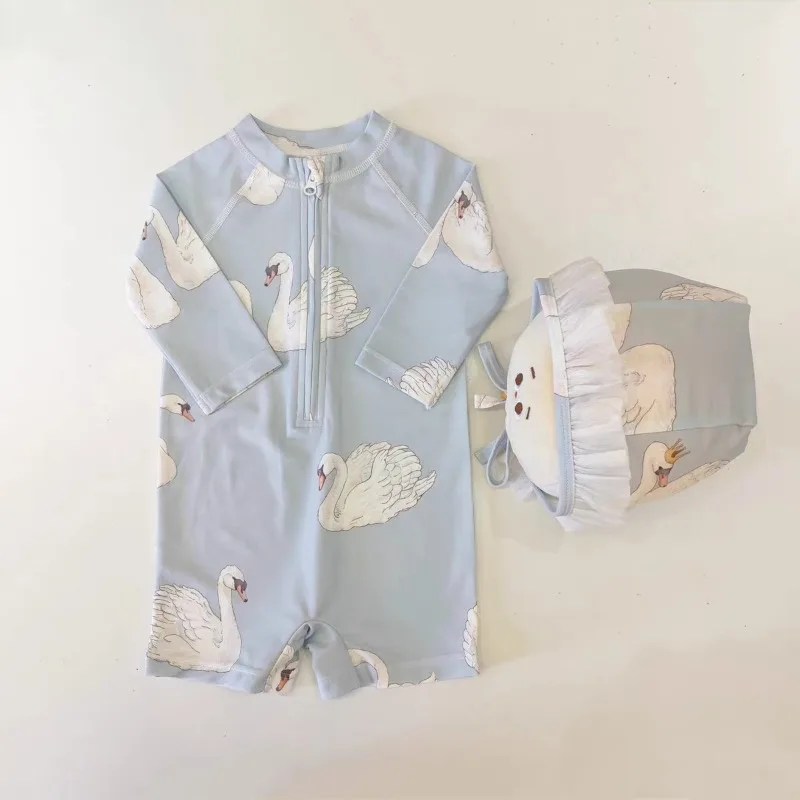 Summer Toddler Girls Long Sleeve Swimwears Bathing Suit Cute Swan Princess Quick Dry Kids One Piece Swimwear Beach Costume