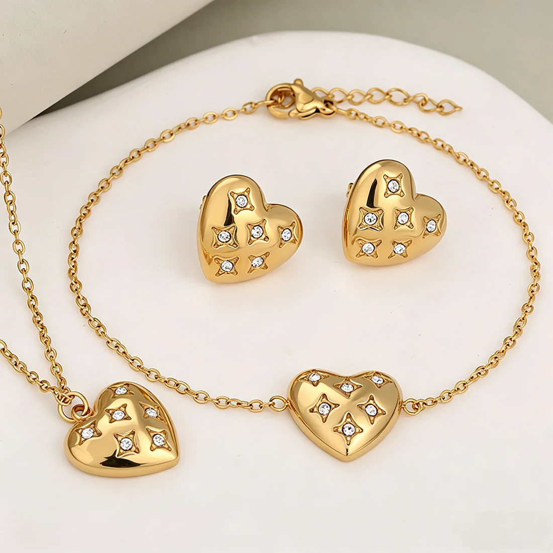 Dainty Embedded Crystal Puffy Heart Jewelry Set Waterproof Stainless Steel Necklace Bracelet Earrings Trendy Minimalist Gifts