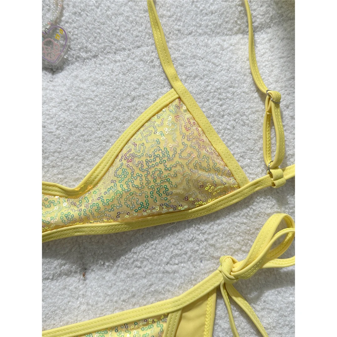 Neuer glänzender Bikini mit Pailletten, Damen-Badeanzug, zweiteiliges Bikini-Set, hoher Beinausschnitt, gepolsterter Badeanzug, Badebekleidung, Modell V8220. – Detail 5