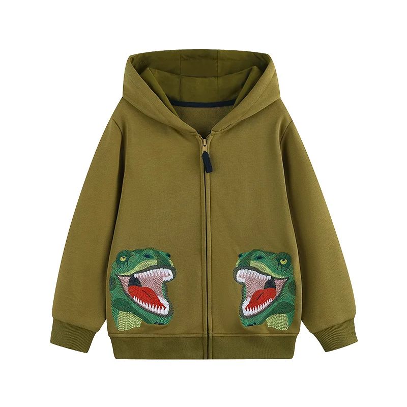

New Design 2-7T Dinosaurs Embroidery Children's Hooded Jacket Long Sleeve Boys Winter Autumn Outwear Girls Zipper Spring Wear
