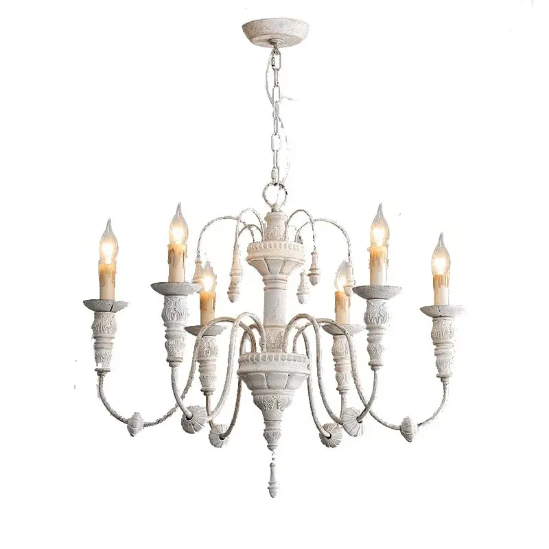 

Vintage French Restaurant Chandelier 6 Heads White Pendent Lamp Villa Hall Bedroom American Countryside Solid Wood Droplight
