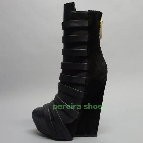 

Lady Black Suede Wedges Heel Zipper Boots Platform Buckle Strap Zipper Suede Black Gold Gladiator Style Sexy Footwear Size 34-46