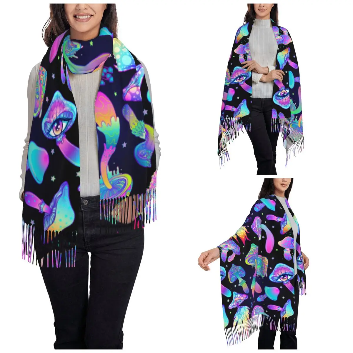 Trippy Mushroom scialli psichedelici avvolge per le donne inverno caldo lungo morbido sciarpa Shrooms Pashmina nappa sciarpe