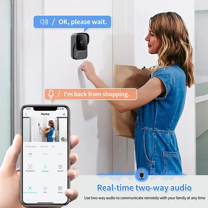 Smart Wireless Video Doorbell Camera Alarm Security Remote Monitoring Two-Way Intercom High Definition Night Vision for Home