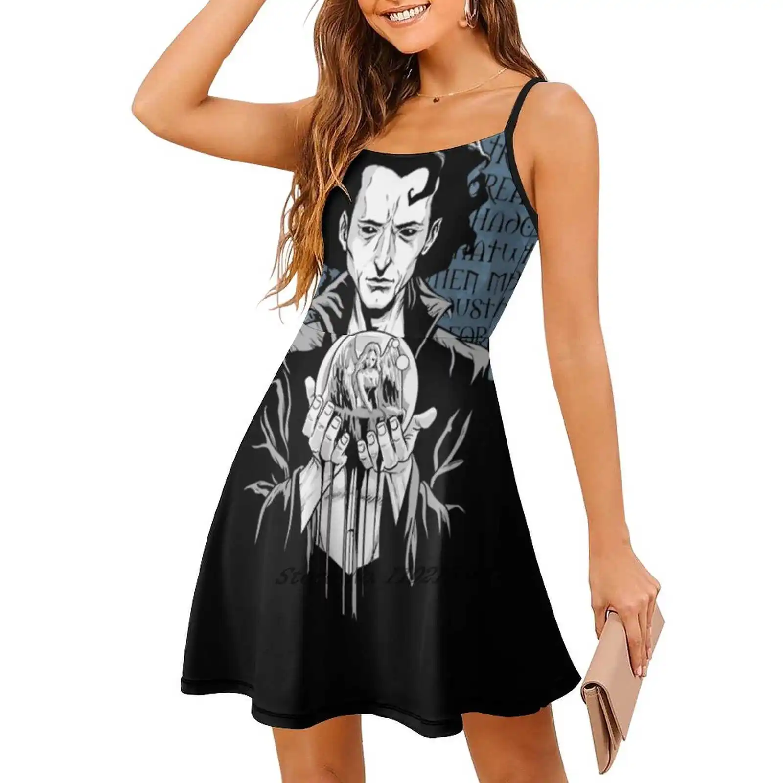 A Dream Of Black Loose Pocket Dress Summer Sexy V Neck Dress Print Short Sleeve Dress Neil Gaiman Sandman Gaiman Death Coraline