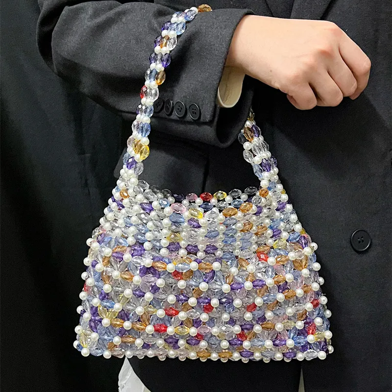 New Fashion Design Handmade Color Beaded Woven Handbags Brand High-end Party Evening Bag  Luxury Fashionable Pearl Underarm Bag