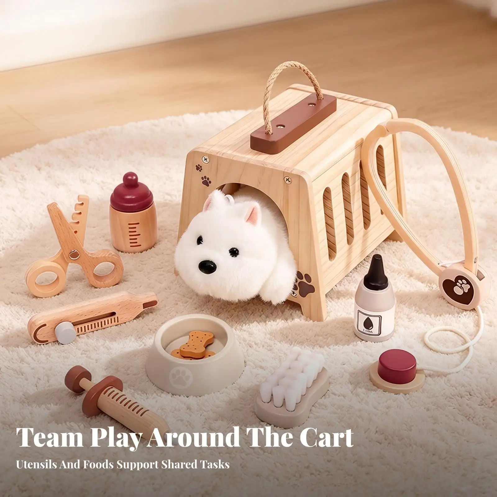 Children Wooden Pet Clinic Playset with Carrying Crate and Comb for Imaginative Learning
